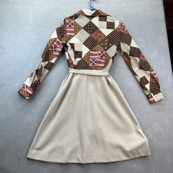 Melissa Lane Tan Patchwork One Piece Button Dress Vintage 70s Hippie Boho - Picture 2 of 16